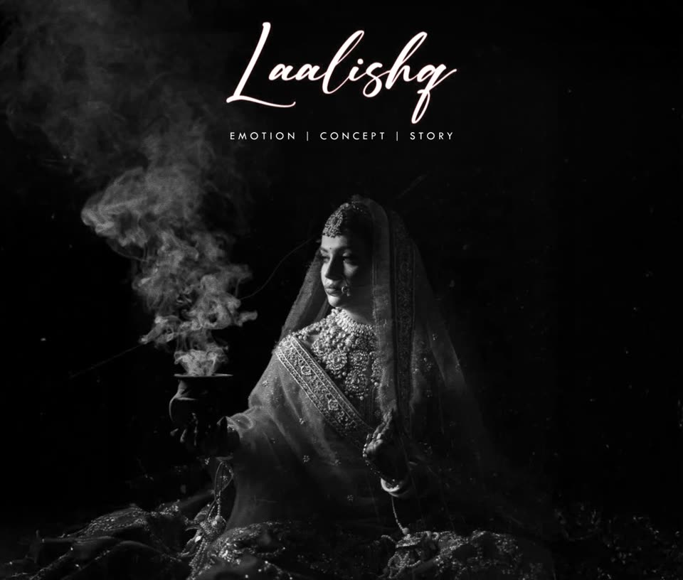 The Laal Ishq homepage: a dramatic black-and-white bridal portrait with elegant script typography.