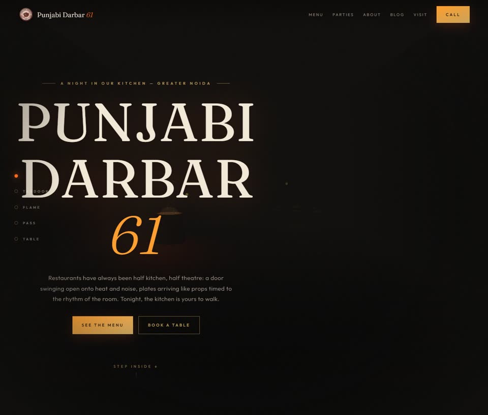 The Punjabi Darbar 61 homepage: the restaurant's name in large serif type over a dark, fire-lit scene.