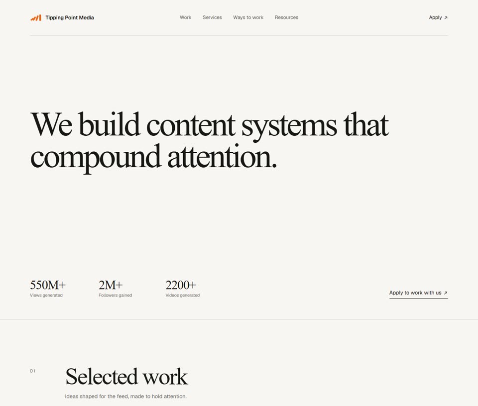 The Tipping Point Media homepage: a clean editorial layout with bold serif typography and stats.